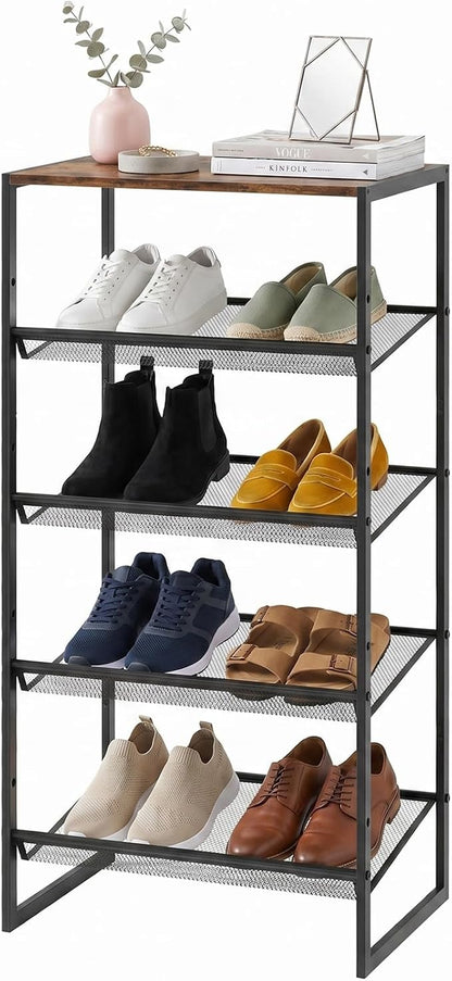 Shoe Rack for Entryway,，5 Tier Shoe Storage Organizer，Sturdy Shoe Shelf,Boot Rack with a Fine Mesh Shelves，for Living Room, Hallway，Small Space,11.8 x 16.5 x 27.9 Inches,Brown