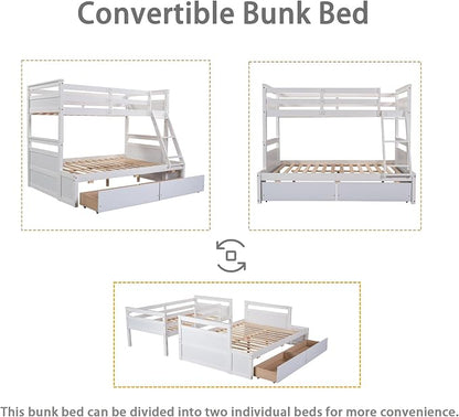 Merax Twin Over Full Bunk Bed, Wood Bunk Bed with Removable Ladders and Two Storage Drawers, Convertible into Two Individual Beds (White)