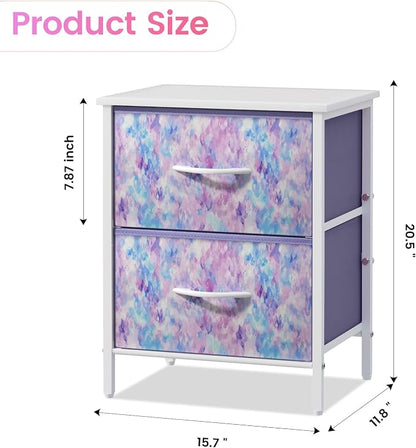 Stero Nightstand Set of 2, Kids Dresser with 2 Drawers, Steel Frame Bedside Furniture, Wood Top Fabric Night Stand, Colorful End Table for Home, Bedroom, Office, Tie-dye Purple