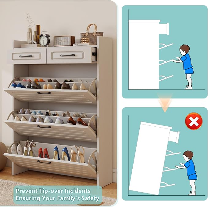 Shoe Cabinet with 3 Large Flip Drawers and 2 Storage Drawers, Narrow Shoe Organizer Cabinet Fits for Kinds of Shoes, Slim Shoe Storage Cabinet for Entryway, Hallway, White