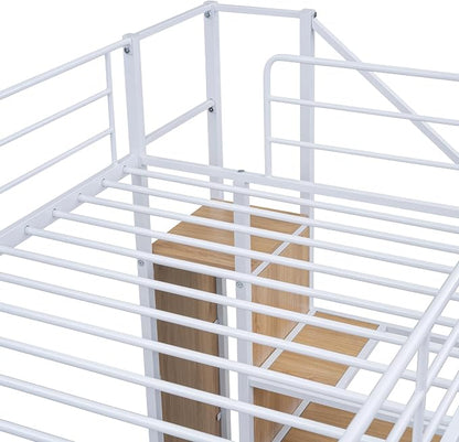 Bellemave Bunk Bed Twin Over Twin，Metal Bunk Bed with Storage Stairs and Wardrobe, Bunk beds for Adults/Kids/Teens, White