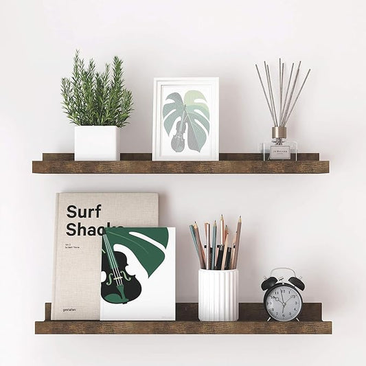 Floating Shelves for Wall Decor, Long Wall Mounted Storage Shelf for Bedroom, Living Room, Bathroom, Kitchen, Nursery, Rustic Display Picture Ledge Shelf with Lip Set of 2-24 Inches, Brown