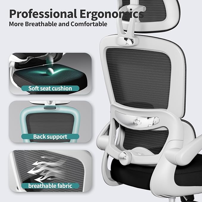 TRALT Office Chair Ergonomic Desk Chair, 330 LBS Home Mesh Office Desk Chairs with Wheels, Comfortable Gaming Chairs (1, Black & White)