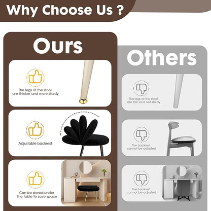 Vanity Chair with Adjustable Backrest, Boucle Upholstery Armless Makeup Stool, Black Sherpa Vanity Stool with Gold Metal Legs for Bedroom Living Room Kitchen Dinning Room (Gold and Black)