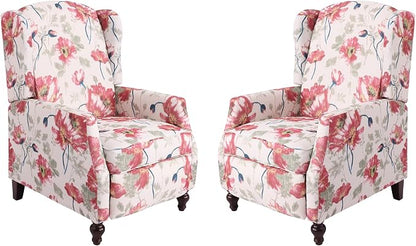 Upholstered Wingback Recliner Chair, Mid Century Modern Manual Push Back Recliner for Living Room, Bedroom (2, Red Floral)