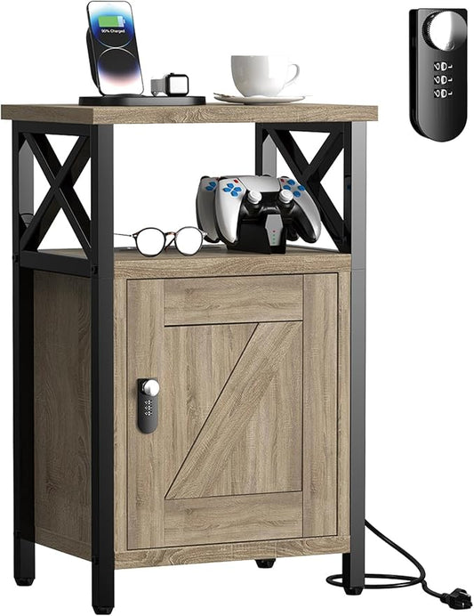 runjuly Wooden Nightstand with Lock, Bed Side Table with Drawers, Bedside Table with Charging Station, 3 USB & 2 Outlets, Night Stand with Cabinet, End Tables for Bedroom, Greige
