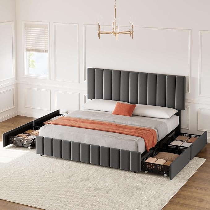 IDEALHOUSE King Linen Upholstered Bed Frame with 4 Storage Drawers, Adjustable Headboard and Wooden Slats Support, No Box Spring Needed, Grey