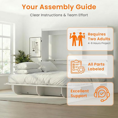 CECER Horizontal Murphy Bed Queen，Save Space for Offices/Guest-White | Multi-Functional Queen Murphy Cabinet Beds with Storage Shelf/Bookshelf，Sturdy frame ＆ Easy Assemble