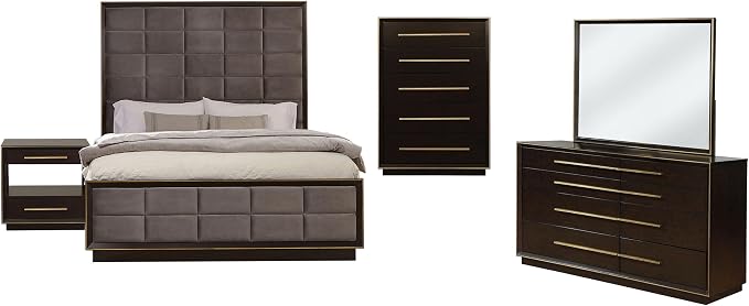 Coaster Home Furnishings Durango Contemporary 5-Piece Bedroom Set Velvet Upholstered California King Size Panel Bed Frame 80-inch Headboard Smoked Peppercorn 223261KW-S5