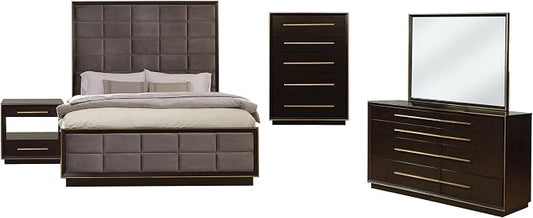 Coaster Home Furnishings Durango Contemporary 5-Piece Bedroom Set Velvet Upholstered California King Size Panel Bed Frame 80-inch Headboard Smoked Peppercorn 223261KW-S5