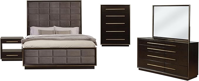 Coaster Home Furnishings Durango Contemporary 5-Piece Bedroom Set Velvet Upholstered Eastern King Size Panel Bed Frame 80-inch Headboard Smoked Peppercorn 223261KE-S5