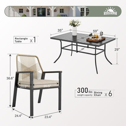 7pc Patio Dining Set for 6, Outdoor 59" Metal Table & Woven Rattan Chairs | 6 cushioned chairs + rectangle steel table. Waterproof, stain-resistant & wipe-clean. Ideal for backyard, garden & poolside.