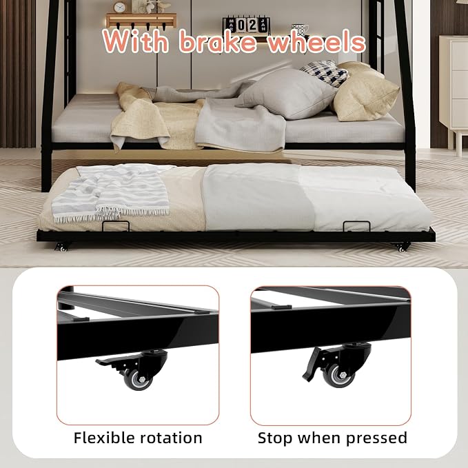 Metal Bunk Bed with Trundle, Space-Saving Bunk Bed Twin Over Full with Ladders and Safety Guardrail, Heavy Duty Twin Bed Frames, No Box Spring Needed and Noise Free(Black)