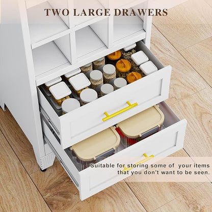 Tall Metal Narrow Storage Cabinet 67" H with 2 Drawer,White Kitchen Pantry Cabinets with 2 Adjustable Shelves and Door,Cuby Storage Orgainzer,Tall Bathroom Cabinet for Kitchen, Home Office,Dining Room