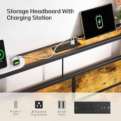 Liians King Size Bed Frame with Storage Headboard, LED Lights USB C Charging Station, Heavy Duty Metal Platform, No Box Spring Needed, Noise Free & Easy Assembly