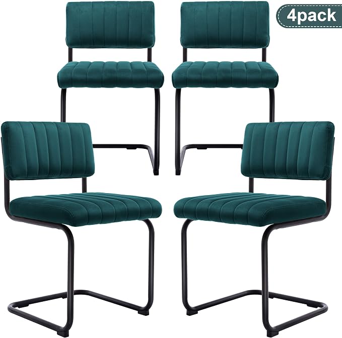 ONEVOG Modern Luxury Velvet Dining Room Chairs Set of 4, Teal Upholstered Kitchen Chairs, Heavy Duty Contemporary Armless Dining Chair with Wide Comfy Seat and Black Metal Legs, Cantilevered Design