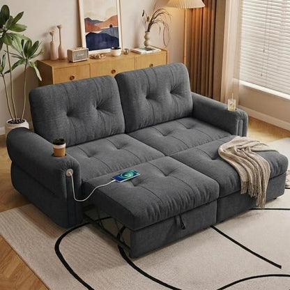 Convertible Couches, Queen Size Pull Out Sofa Bed with USB Charging Port and Cup Holders, Chenille Fabric Convertible Sofa Bed for Small Space, Living Room, Apartment, Guest Room, Dark Grey
