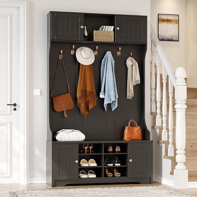 ONBRILL 78.7" Hall Tree with Bench and Storage, Entryway Bench with Coat Rack, 10 Cubbies with Adjustable Shelves & 7 Coat Hooks for Hallway, Entryway, Black