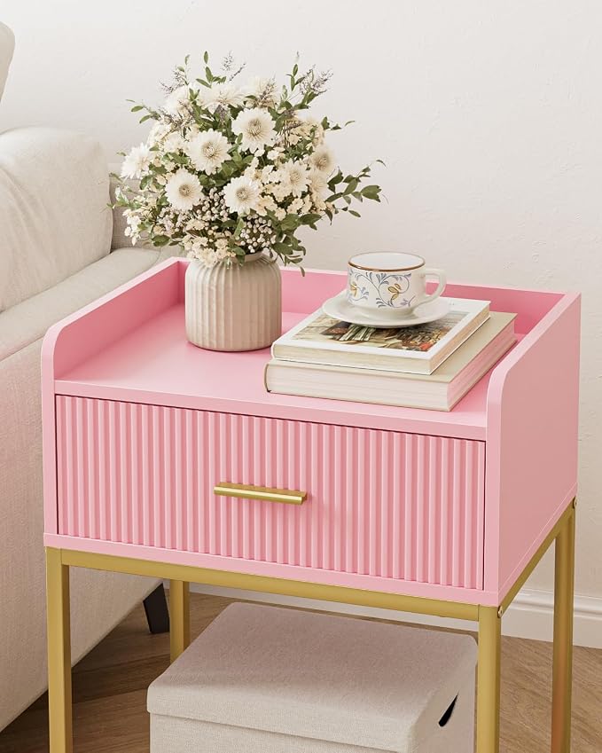 Nightstand, 3-Tier Bed Side Table, Small End Table, Night Stand with Open Shelf and Drawer, Bedside Table for Bedroom, Living Room, Pink