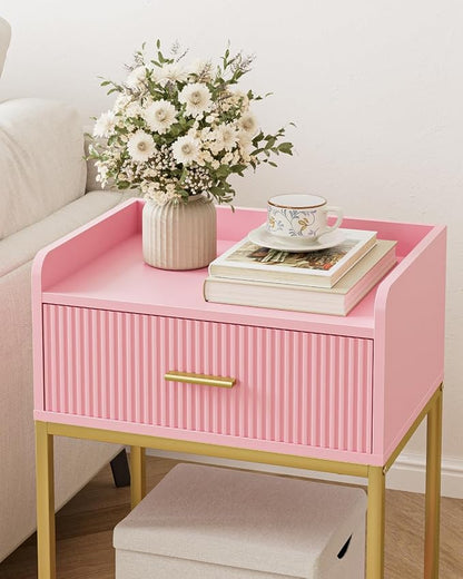 Nightstand, 3-Tier Bed Side Table, Small End Table, Night Stand with Open Shelf and Drawer, Bedside Table for Bedroom, Living Room, Pink
