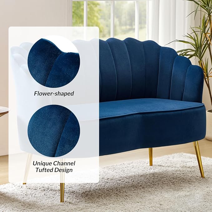 Velvet Upholstered Loveseat Sofa with Gold Metal Legs, Modern Comfy Small Love Seat with Flower Shaped Back, 2-Seater Sofa Accent Couch for Living Bedroom Leisure Areas
