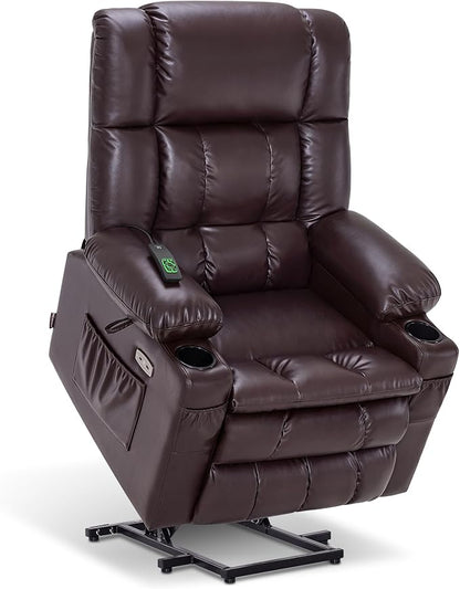 MCombo Large Dual Motor Power Lift Recliner Chair for Elderly, Zero Gravity Lift Chair with Heat and Massage, Infinite Position Lay Flat Recliner, USB Ports, Faux Leather 7896 (Dark Brown, Large)
