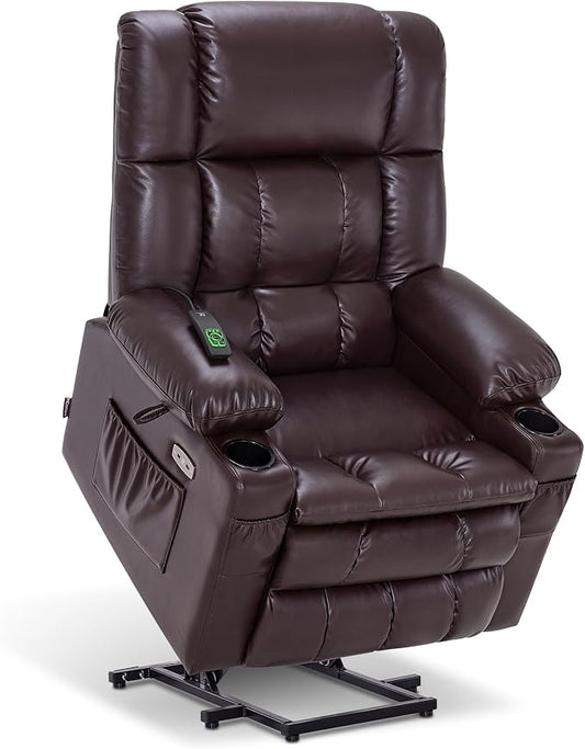 MCombo Large Dual Motor Power Lift Recliner Chair for Elderly, Zero Gravity Lift Chair with Heat and Massage, Infinite Position Lay Flat Recliner, USB Ports, Faux Leather 7896 (Dark Brown, Large)