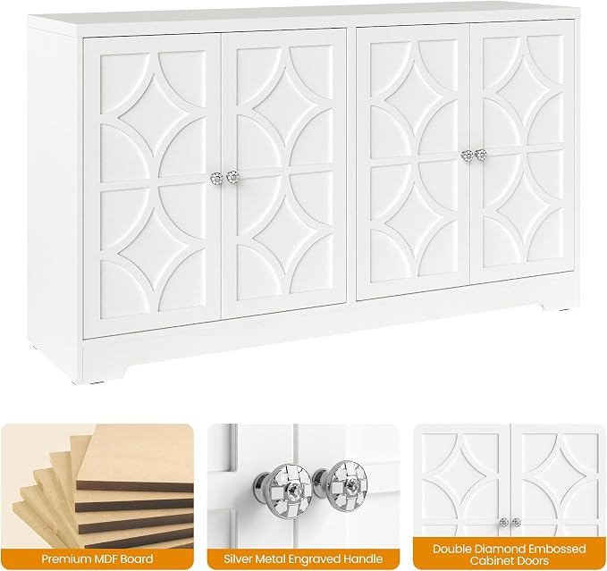 RoyalCraft 112'' Buffet Cabinet with Storage, Modern Sideboard with 4 Carved Doors, Large Wood Coffee Bar Console Table for Kitchen, Dining Room, Entryway, Living Room, Satin White