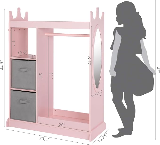 UTEX Kids Armoire Wardrobe Closet with Mirror and Storage Bin, Pink, 33.4 in W x 15.75 in D x 44.5 in H | See and Store Kids Wardrobe, Toddler Dress Up Rack, Open Hanging Armoire Closet, Water-based Paint, Princess Style