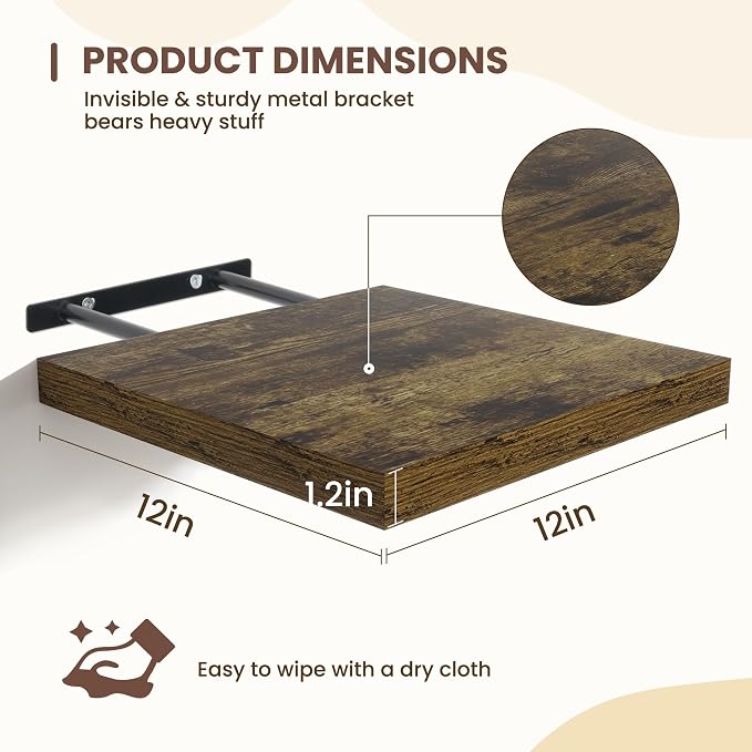 Fun Memories Square Floating Shelves for Wall - 12 Inch Deep Floating Shelves with Invisible Brackets, Brown Small Wall Shelf for Living Room, Bathroom, Bedroom, and Kitchen Decor Set of 4