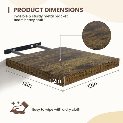 Fun Memories Square Floating Shelves for Wall - 12 Inch Deep Floating Shelves with Invisible Brackets, Brown Small Wall Shelf for Living Room, Bathroom, Bedroom, and Kitchen Decor Set of 4