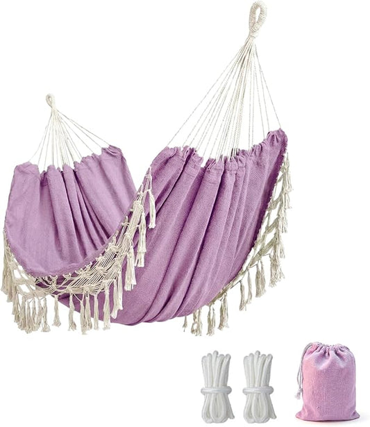 Double Boho Macrame Hammock with Elegant Tassels for Patio, Yard, Beach Wedding Decor, Outdoor and Indoor Up to 450lbs Include Tie Ropes and Drawstring Bag （ Light Purple）