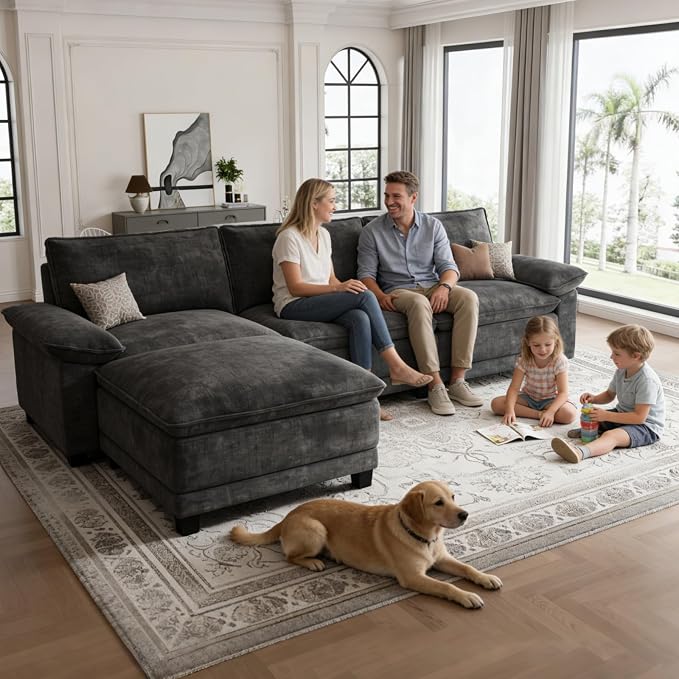 Modern L Shaped Sofa Couches for Living Room, Modular Sectional Cloud Couch with Movable Ottoman, Comfy Chenille Sofa for Apartment and Small Space, Black