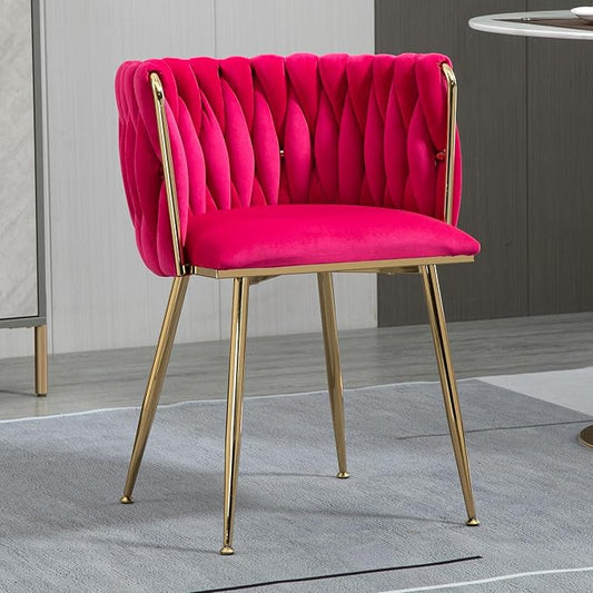 Velvet Dining Chairs Set of 4, Modern Upholstered Dining Room Chairs with Golden Metal Legs and Woven Backrest for Dining Room, Kitchen, Vanity, Living Room (Rose Red)