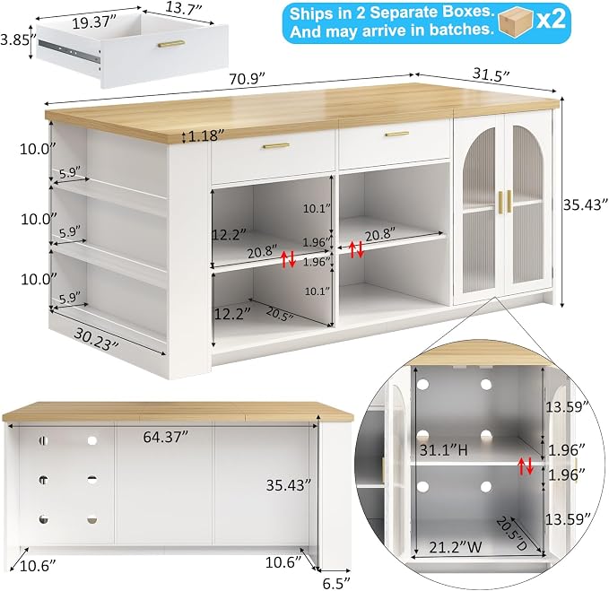 IBF 71" Large Kitchen Island with Storage, Modern Wood Island Table with Seating for 4-6, Stationary Island Cabinet with Drawers & Fridge Space, Counter Height Island Bar for Kitchen, Light Oak