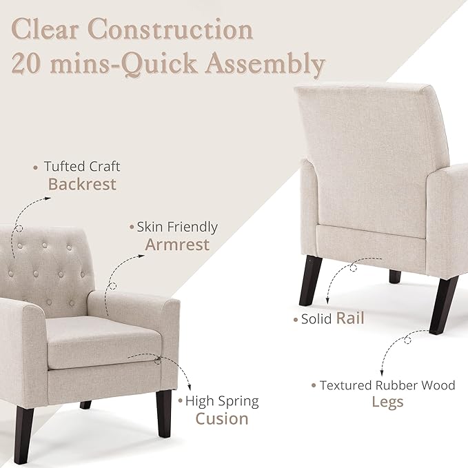 LUE BONA Linen Color Linen Accent Chair 18.5" H, Button Tufted Upholstered Modern Armchair, Comfy Living Room Chair with Arms, Arm Chairs for Living Room, Bedroom, Small Space