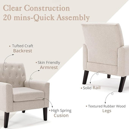 LUE BONA Linen Accent Chairs Set of 2 18.5" H, Comfy Living Room Chair with Arms, Upholstered Button Tufted Armchair, Modern Arm Chairs for Small Space, Living Room, Bedroom, Linen Color