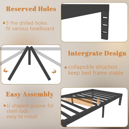Black 10 Inch Twin Bed Frames, Metal Bed Frame Twin Size with Baffles, No Box Spring Needed, Rounded Corner Legs, Heavy Duty Steel Platform Support, Reserved Holes, Storage Space, Noise Free