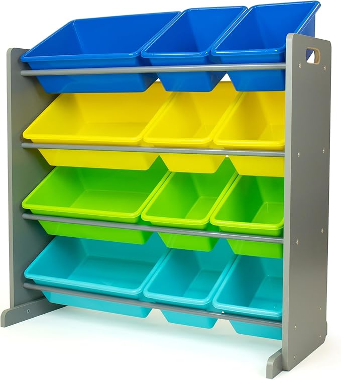 Humble Crew Toy Storage Organizer with 12 Removable Storage Bins for Kids Playroom, 4-Tier Toddler Toy Organization, Grey/Blue/Green/Yellow