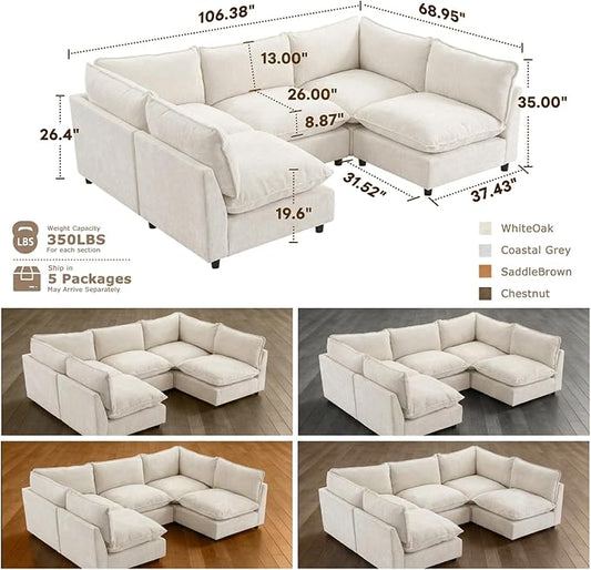Iroomy Modular Sectional Sofa, Oversized Chenille Cloud Couch, Deep Comfy Seat, 5-Seater Sofas Couches for Living Room, Beige, High Feet