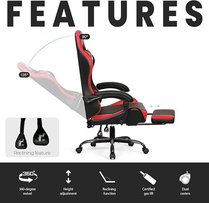 N-GEN GAMING Video Gaming Chair with Footrest Lumbar Support for Home Office High Back Recliner Height Adjustable Ergonomic Comfy Leather Computer Desk Chair (Red)