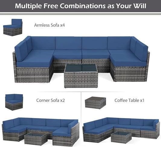 U-MAX 7 Piece Outdoor Patio Furniture Set, PE Rattan Outdoor Wicker Sectional Furniture Chair Set with Cushions and Tea Table, Grey Rattan and Navy Cushion