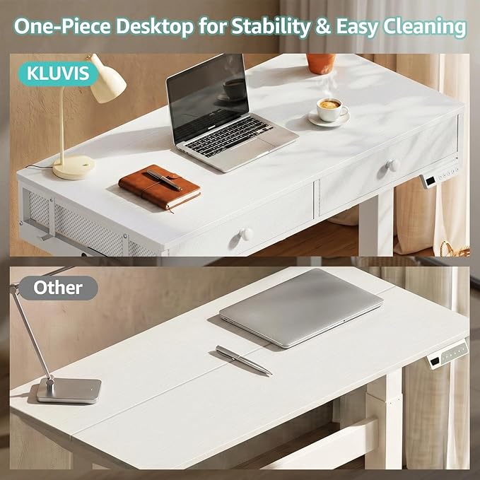KLUVIS White Electric Standing Desk with Drawers, 39 Inch Small Adjustable Desk with Storage, Sit Stand Computer Study Writing Desks for Small Space Home Office, Stand Up Work Desks for Walking Pad