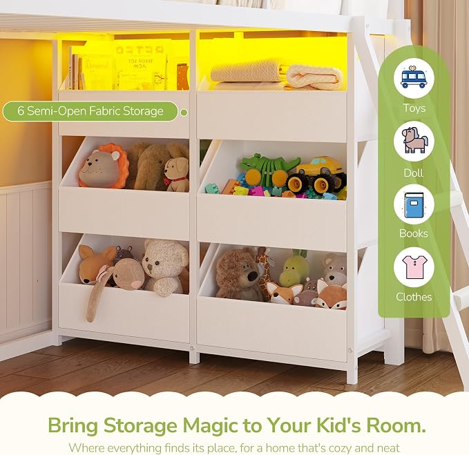 Hasuit Low Bunk Bed Twin Over Twin with Toy Storage Organizer-6 Removable Bins, Floor Bunk Beds with LED Lights, House Bunk Bed with Ladder & Guardrail, Metal L Shaped Twin Bunk Beds for Kids, White