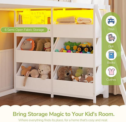 Hasuit Low Bunk Bed Twin Over Twin with Toy Storage Organizer-6 Removable Bins, Floor Bunk Beds with LED Lights, House Bunk Bed with Ladder & Guardrail, Metal L Shaped Twin Bunk Beds for Kids, White