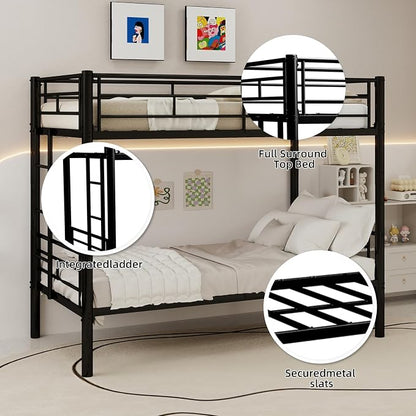 Metal Twin Over Twin Bunk Bed, Heavy-Duty Metal Bunk Bed, Noise Reduced Design/Safety Guardrail/2 Side Ladders/No Box Spring Needed (Black)