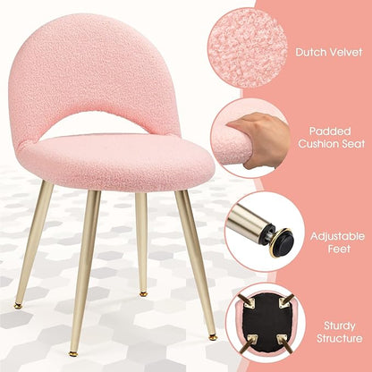 Vanity Chair with Backrest, Boucle Upholstery Armless Makeup Stool, Pink Vanity Stool with Gold Metal Legs for Bedroom Living Room Kitchen Dinning Room (Gold and Pink)