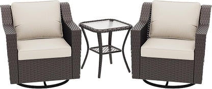 3 Pieces Patio Conversation Furniture Set - 2 Swivel Chairs, 1 Side Table, Outdoor Wicker Rocking Glider Armchairs with Washable Cushions for Porch, Balcony, Sunroom (Beige)