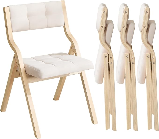 Folding Dining Chairs Set of 4,Padded Foldable Dining Chairs with Cushion,Portable Wooden Folding Chairs for Dining Rooms Kitchen Wedding and Party Indoor Beige