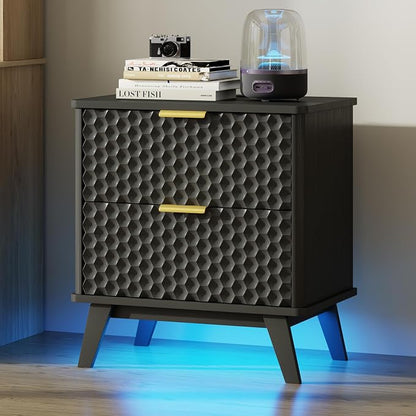 LVSOMT Smart Nightstand with Charging Station and LED Lights, 23.62" Wide Night Stand with 2 Drawers, Motion Sensor Motion-Activated Underlight, Honeycomb Bedside Table for Bedroom, Black